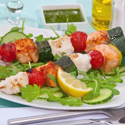 Salmon and Monkfish Brochettes with a Caper Dip