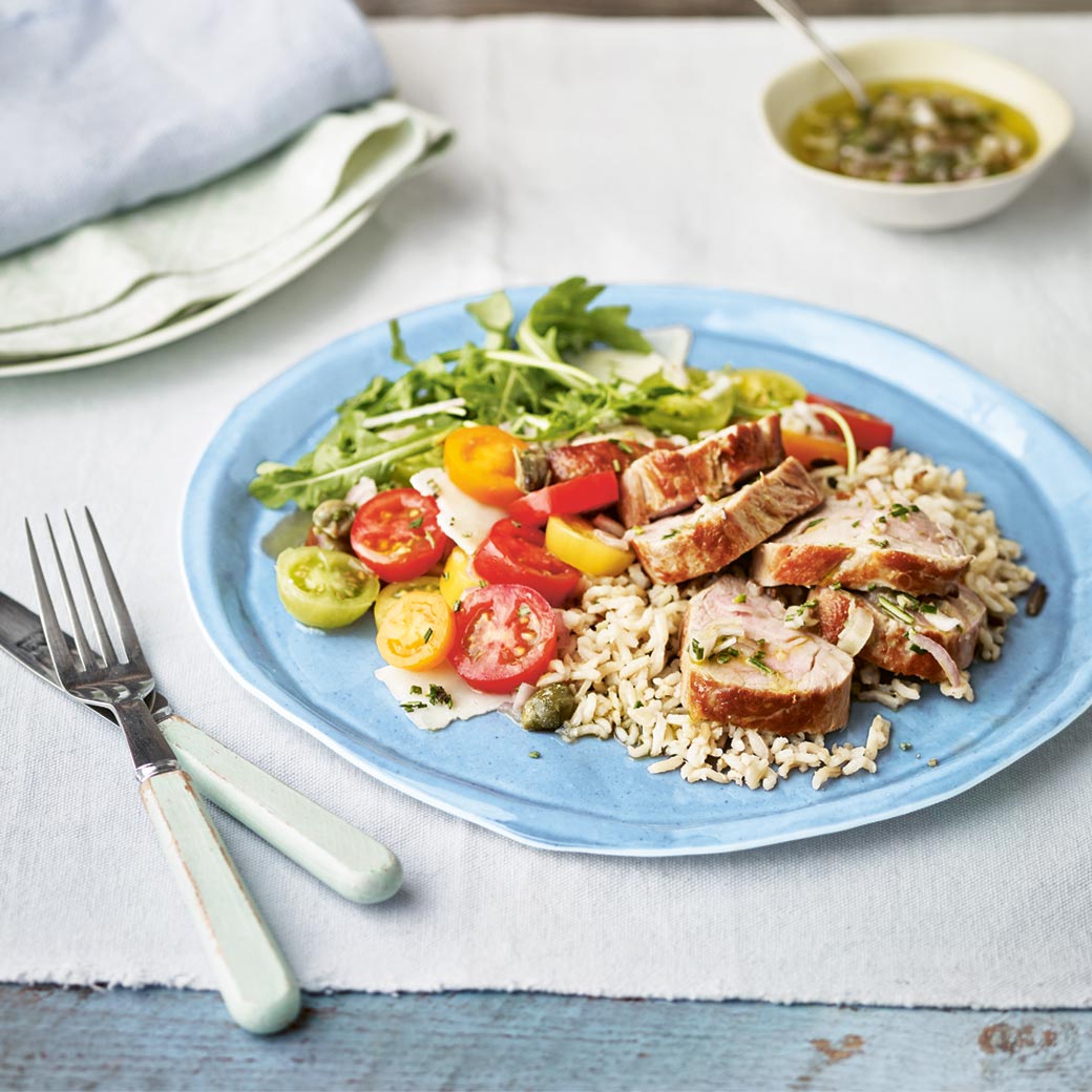Rosemary Pork Fillet with Pecorino, Rocket and Tomato Salad
