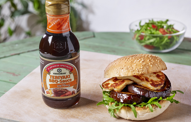 Sticky Teriyaki Honey Aubergine & Halloumi Burger