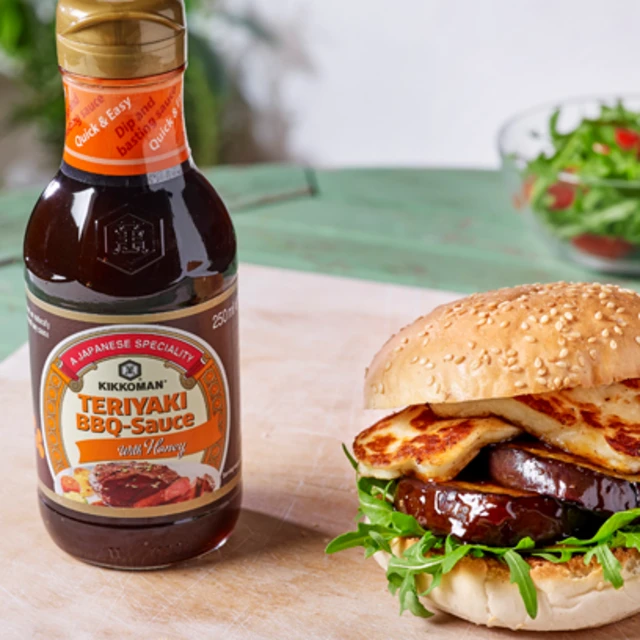 Sticky Teriyaki Honey Aubergine & Halloumi Burger