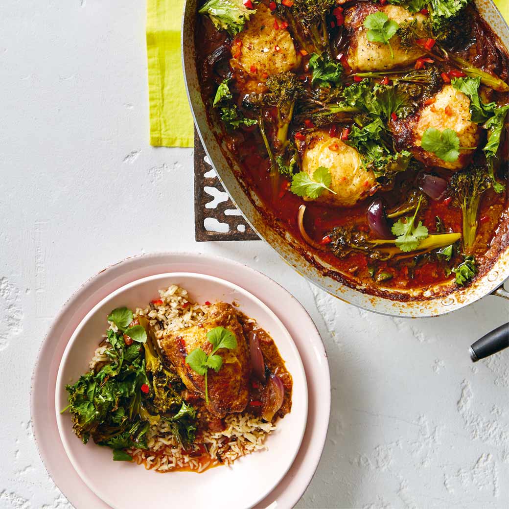 Coconut and Garam Masala Chicken Tray Bake with Roasted Broccoli and Kale