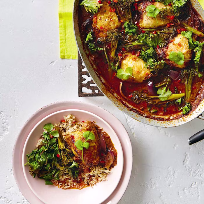 Coconut and Garam Masala Chicken Tray Bake with Roasted Broccoli and Kale