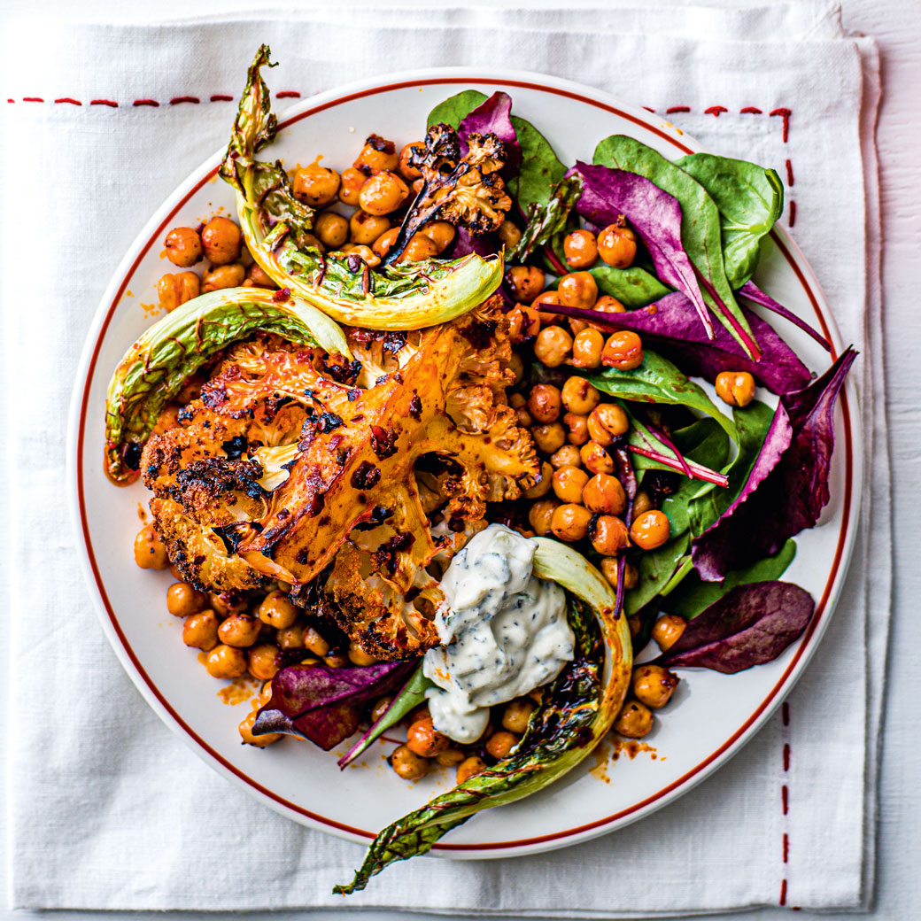Warm Harissa-roasted Cauliflower and Chickpea Salad  