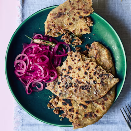 Keema Paratha with Pink Pickled Onions