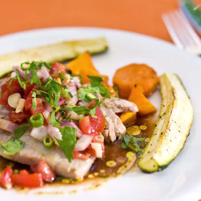 Tuna Steaks with Sweet Salsa and Roasted Vegetables