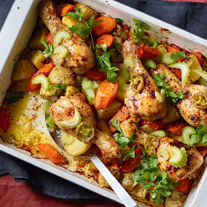 Garlicky Chicken Traybake with Pickled Celery