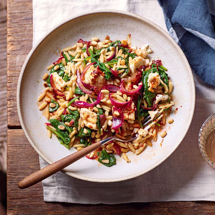 Harissa, Feta and Spinach Orzo