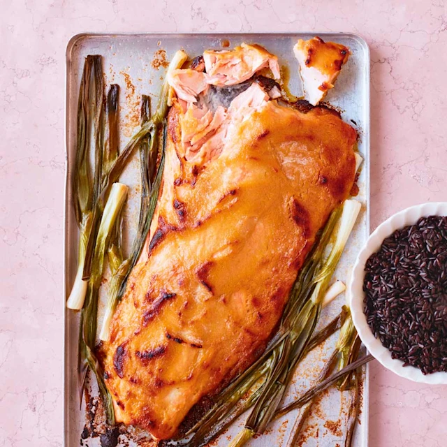 Miso and butter roasted salmon with spring onions