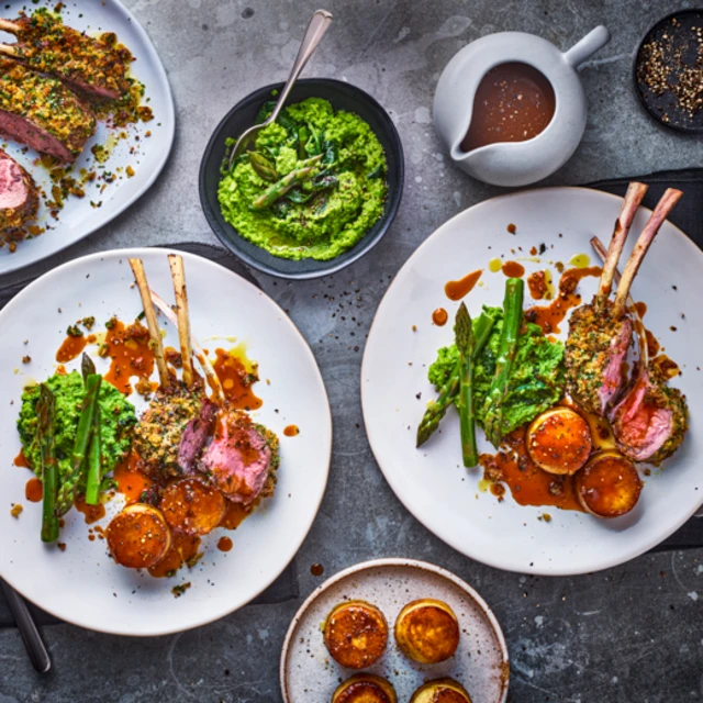 Herb-Crusted Rack of Lamb with Fondant Potato, Pea Puree, Asparagus and Thyme Jus