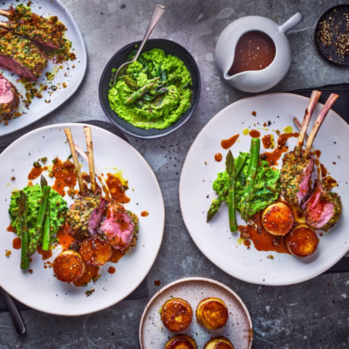 Herb-Crusted Rack of Lamb with Fondant Potato, Pea Puree, Asparagus and Thyme Jus