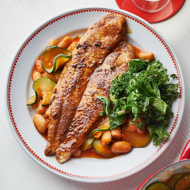 Blackened Basa with Courgette and Tomato Butter Beans