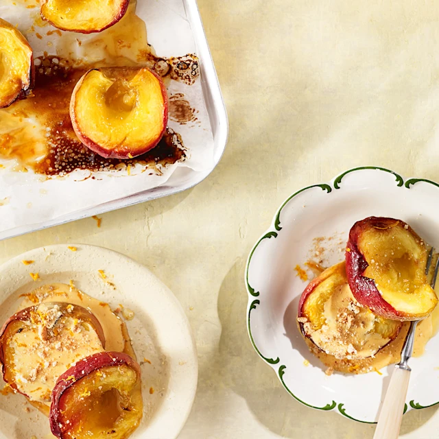 Roast Peaches and Custard with Amaretti Crumble