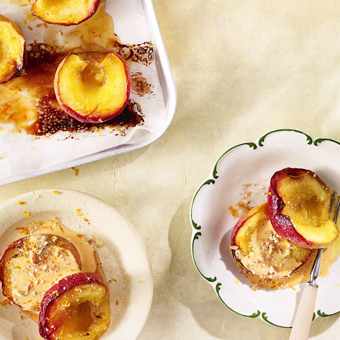 Roast Peaches and Custard with Amaretti Crumble