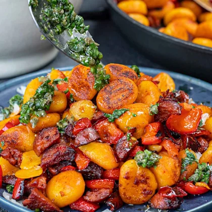 Crispy chorizo gnocchi with salsa verde