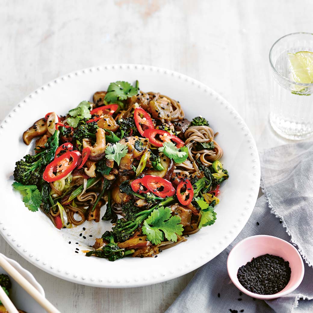 Sticky Aubergine with Mushroom Soba Noodles