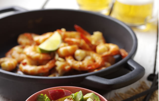Garlic and Chilli Prawns with Pink Lady, Avocado and Lime Salsa