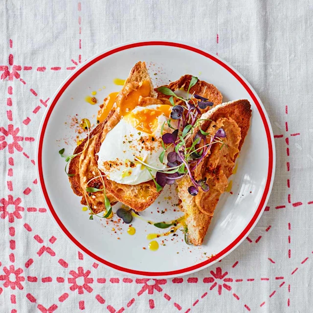 Miso buttered toast with micro greens and poached egg