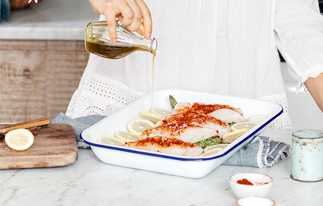Madeleine Shaw's Tray Roasted Cod with Olives, Smoked Paprika & Asparagus