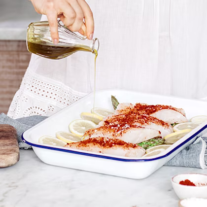 Madeleine Shaw's Tray Roasted Cod with Olives, Smoked Paprika & Asparagus