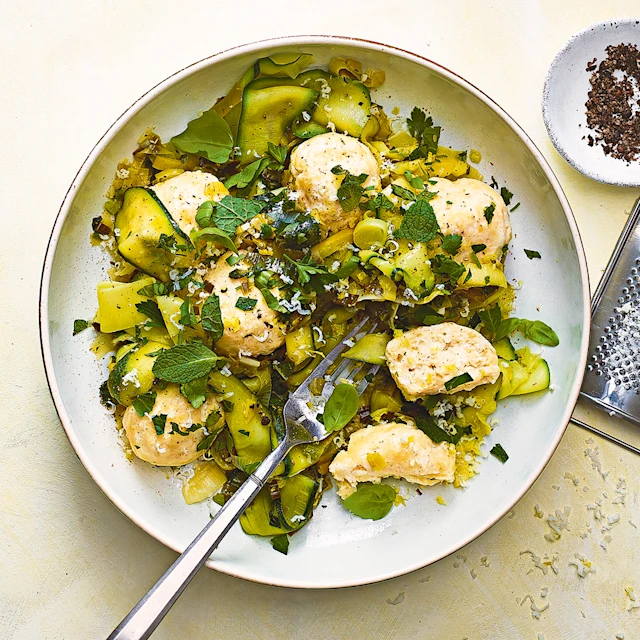 Goat’s Cheese Dumplings with Caramelised Leeks and Courgettes