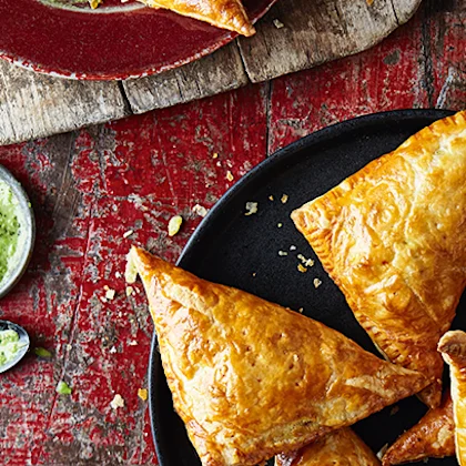 Chicken & Pea Curry Puffs with Fiery Green Chutney