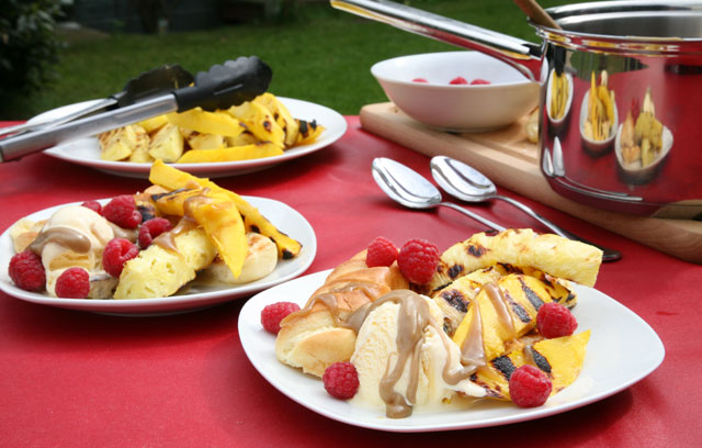 Grilled Mango and Pineapple on Brioche Toast with Toffee Sauce