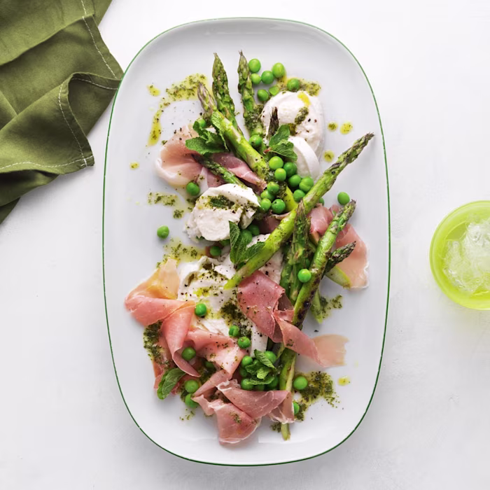 Mozzarella, pea, mint, parma ham and asparagus salad
