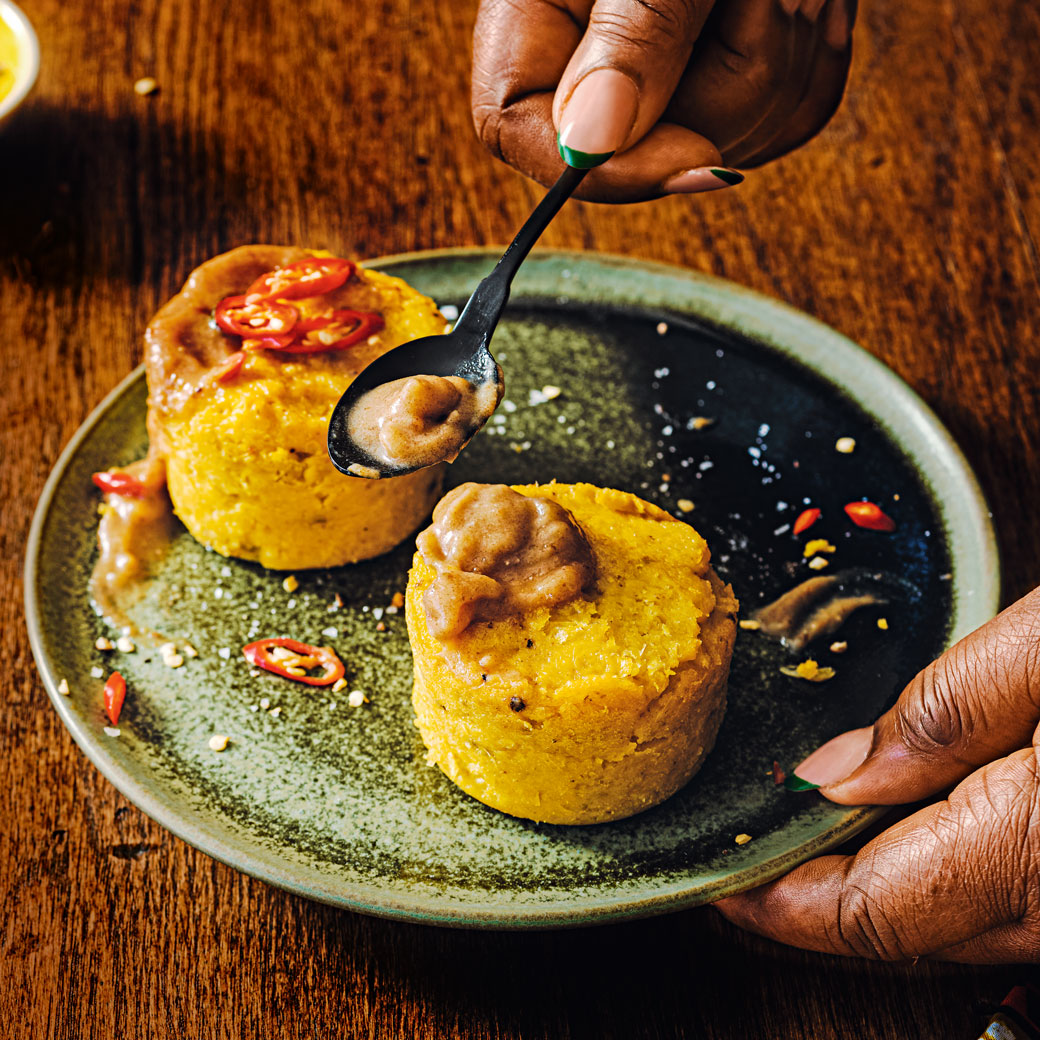 Ekoki corn cakes with tamarind and coconut sauce