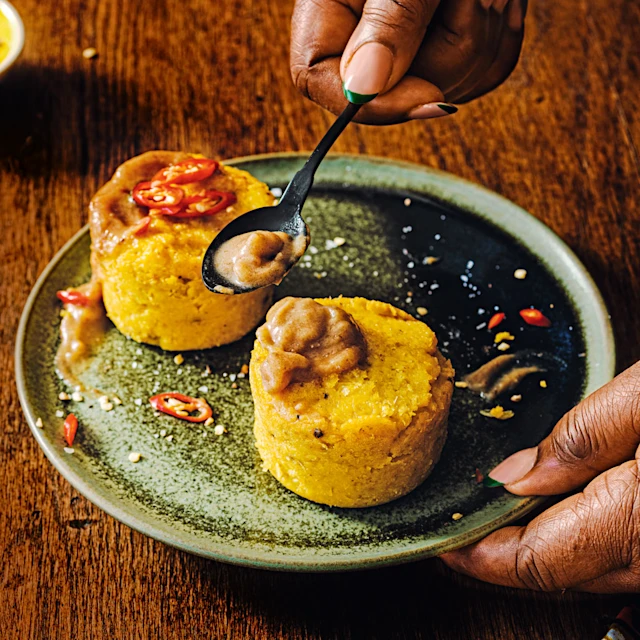 Ekoki corn cakes with tamarind and coconut sauce