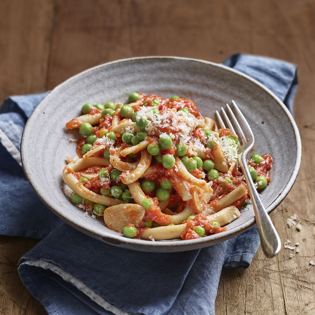 Buckwheat Pici with Fail-Safe Tomato and Pea Sauce