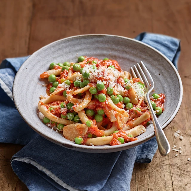 Buckwheat Pici with Fail-Safe Tomato and Pea Sauce