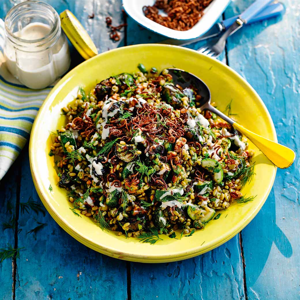 Herby freekeh salad with grilled aubergine and courgette
