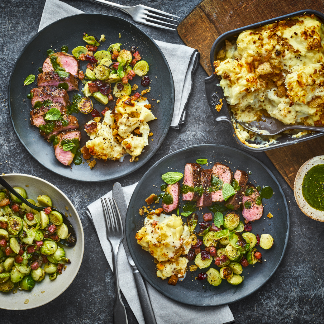 Spiced Lamb Loin, Cauliflower Cheese, Brussels Sprouts and Mint Sauce