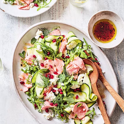 Shaved Courgette Salad with Salmon, Feta and Pomegranate