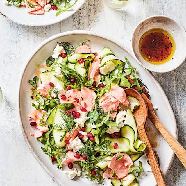 Shaved Courgette Salad with Salmon, Feta and Pomegranate