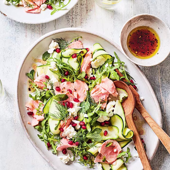 Shaved Courgette Salad with Salmon, Feta and Pomegranate