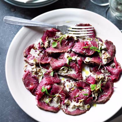 Beef Carpaccio with Porcini Mushroom Cream and Truffle Oil