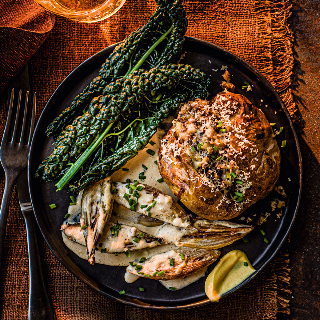 Smoked Cheese and Haggis Baked Potatoes with Whisky Cream Sauce