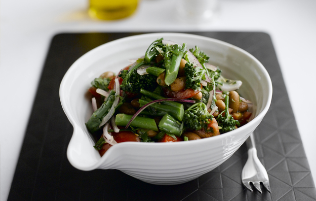 Tenderstem Broccoli Salad with Borlotti Beans, Parsley, Red Onion & Tomato