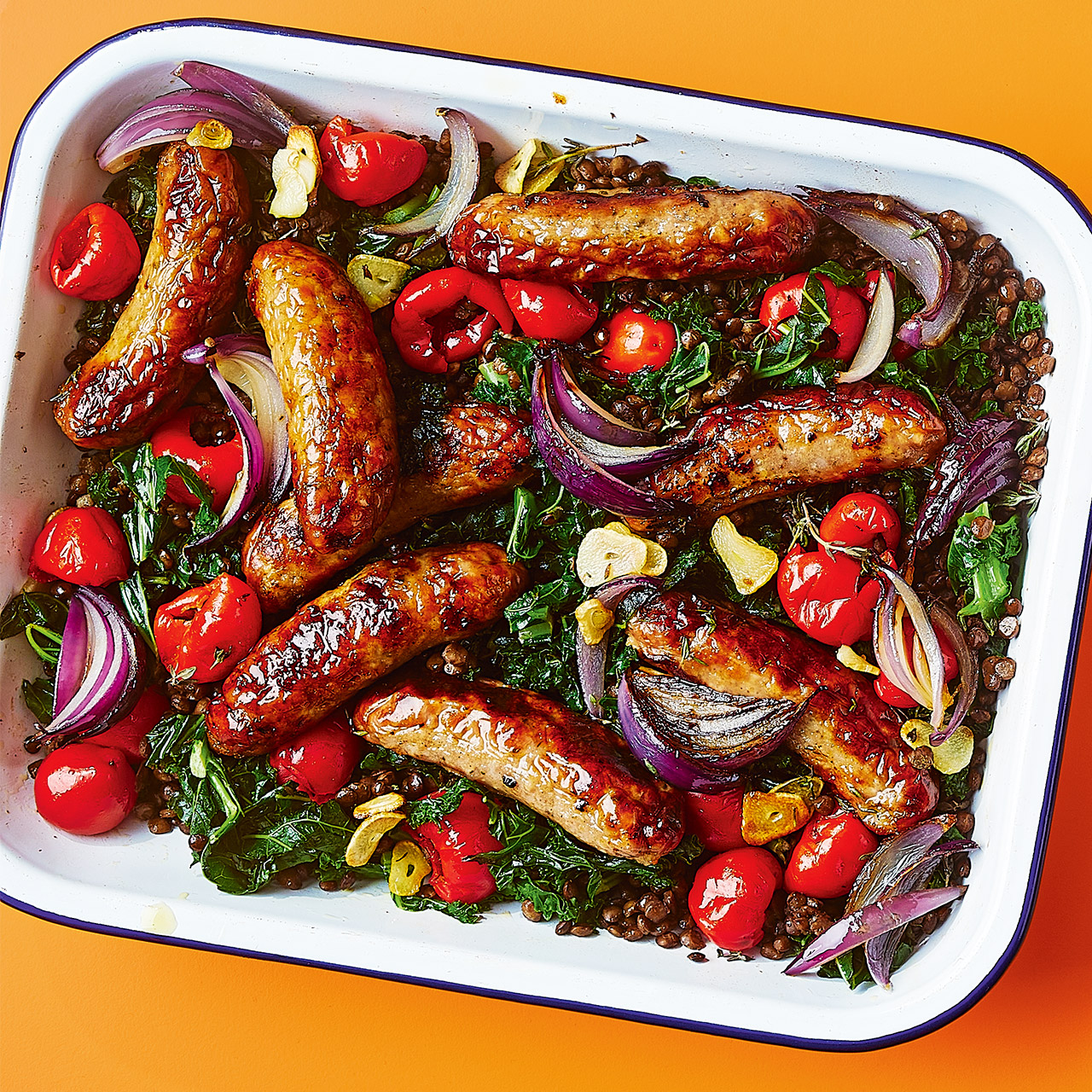 Sausage, Lentil and Pickled Pepper Traybake