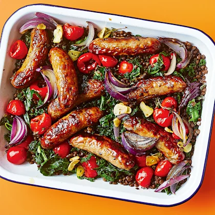Sausage, Lentil and Pickled Pepper Traybake