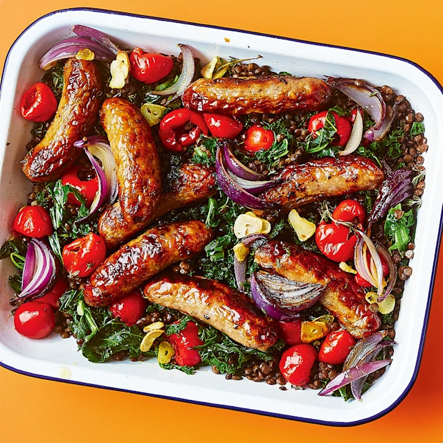 Sausage, Lentil and Pickled Pepper Traybake