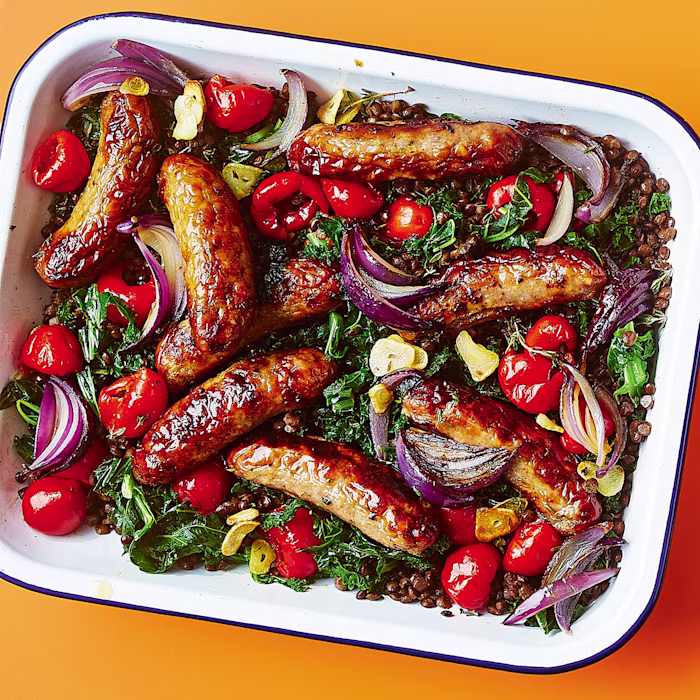Sausage, Lentil and Pickled Pepper Traybake