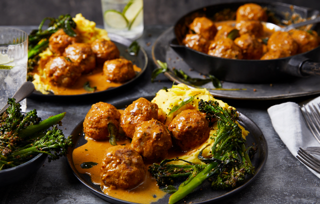 Lamb Meatball Curry with Saffron Mashed Potato and Spiced Tenderstem Broccoli