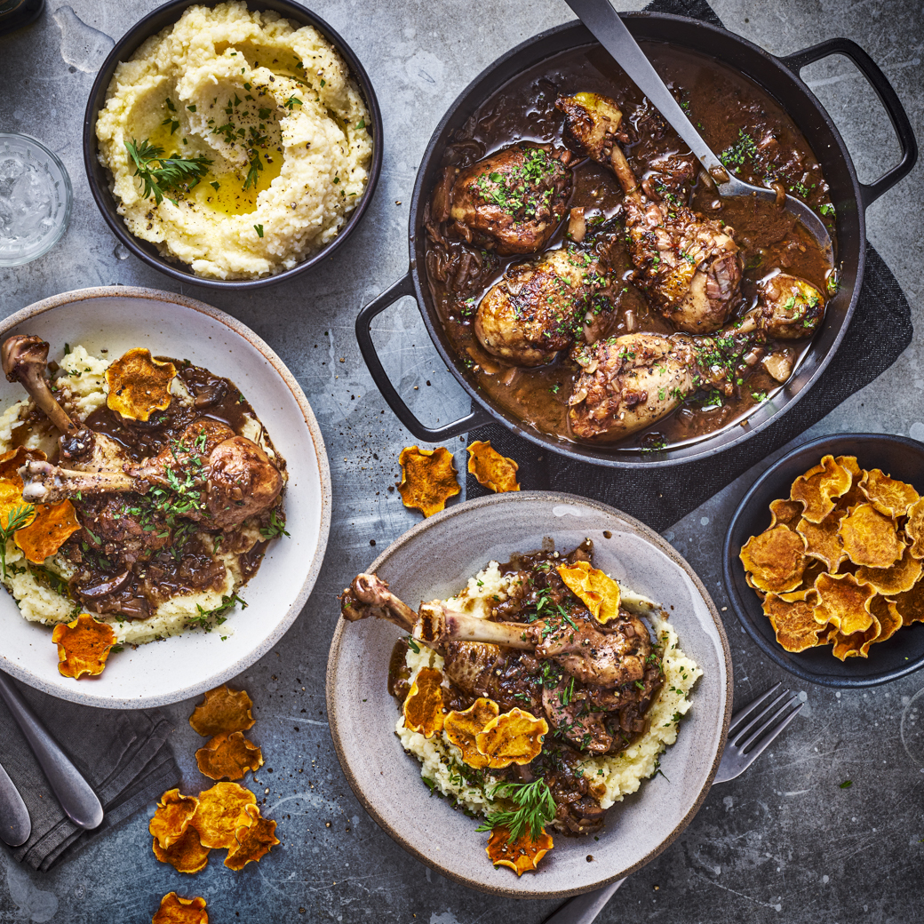 Chicken, Chocolate and Merlot Casserole with Potato-Caulif Mash