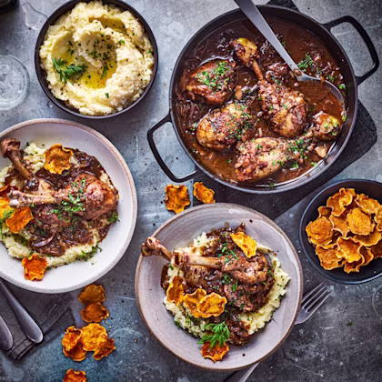 Chicken, Chocolate and Merlot Casserole with Potato-Caulif Mash