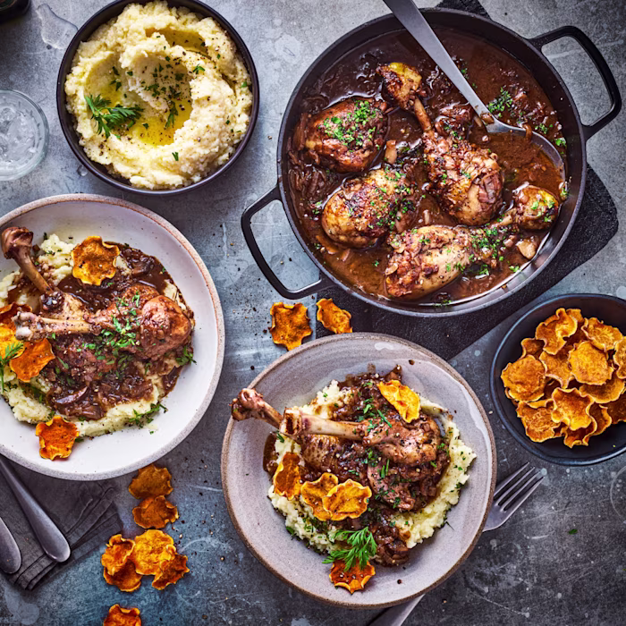 Chicken, Chocolate and Merlot Casserole with Potato-Caulif Mash