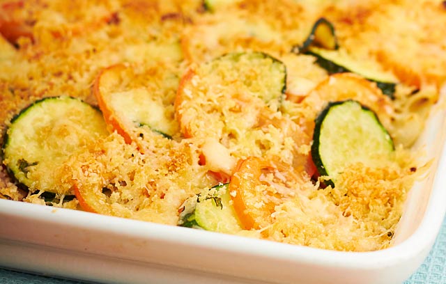 Courgette, Tarragon, Tomato and Reduced Fat Cheese Gratin