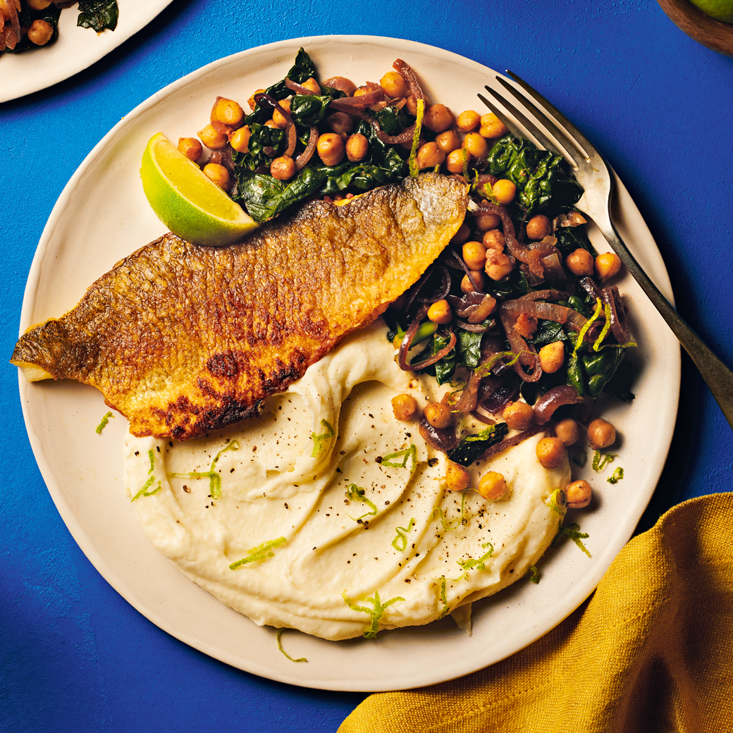 Spiced Sea Bass with Garlic and Parsnip Purée and Cavolo Nero,