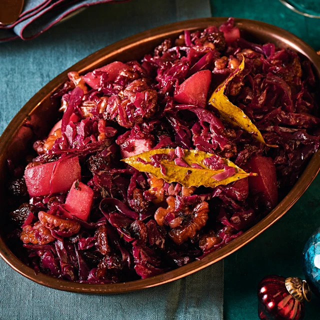 Braised Red Cabbage with Pears, Walnuts and Raisins